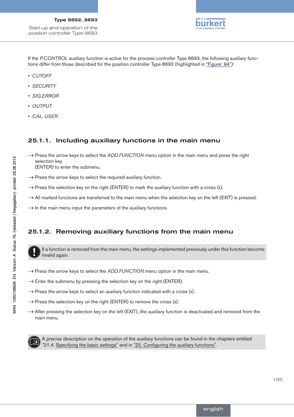 Including auxiliary functions in the main menu, Removing auxiliary functions from the main menu | Burkert Type 8693 User Manual | Page 155 / 260