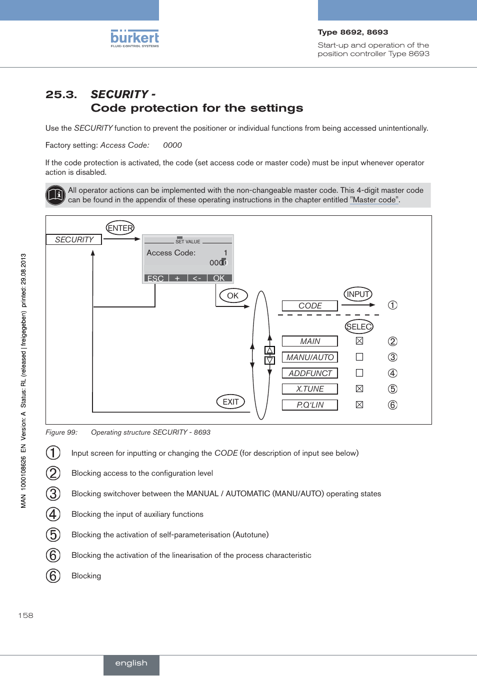 Security, Code.protection.for.the.settings, Security - code protection for the settings | Burkert Type 8693 User Manual | Page 158 / 260