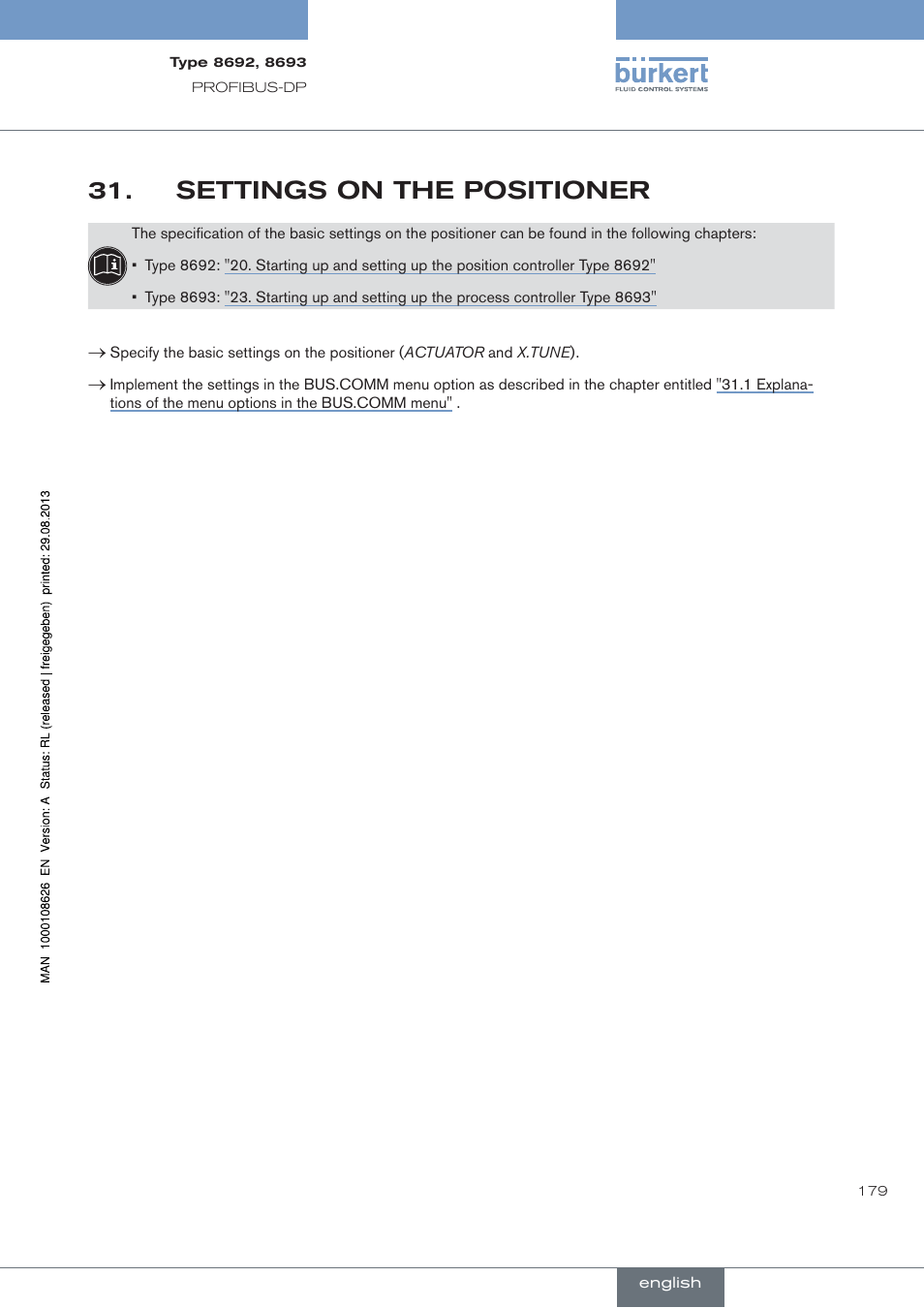 Settings.on.the.positioner, Settings on the positioner | Burkert Type 8693 User Manual | Page 179 / 260