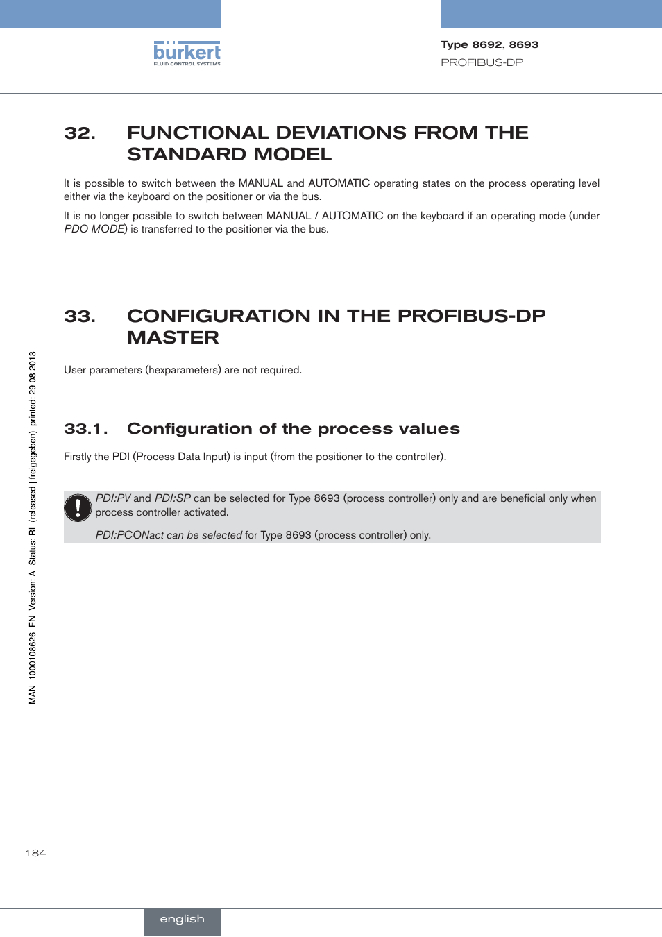 Functional.deviations.from.the.standard.model, Configuration.in.the.profibus-dp.master, . configuration.of.the.process.values | Functional deviations from the standard model, Configuration in the profibus-dp master, Configuration of the process values | Burkert Type 8693 User Manual | Page 184 / 260