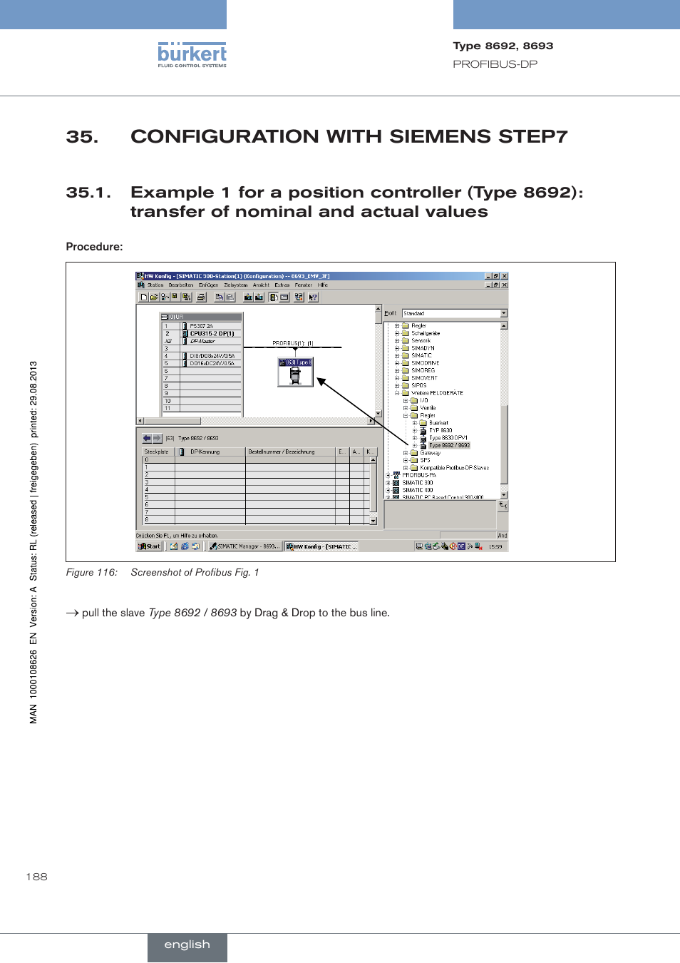 Configuration.with.siemens.step7, . example.1.for.a.position.controller.(type.8692), Transfer.of.nominal.and.actual.values | Configuration with siemens step7 | Burkert Type 8693 User Manual | Page 188 / 260