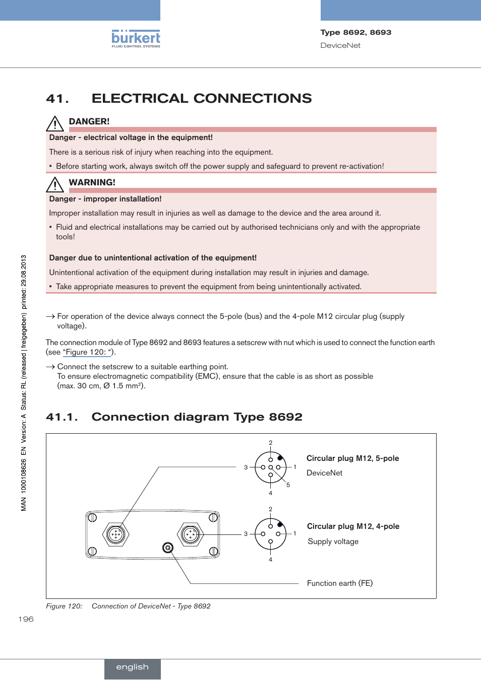 Electrical.connections, . connection.diagram.type.8692, Electrical connections | Connection diagram type 8692 | Burkert Type 8693 User Manual | Page 196 / 260