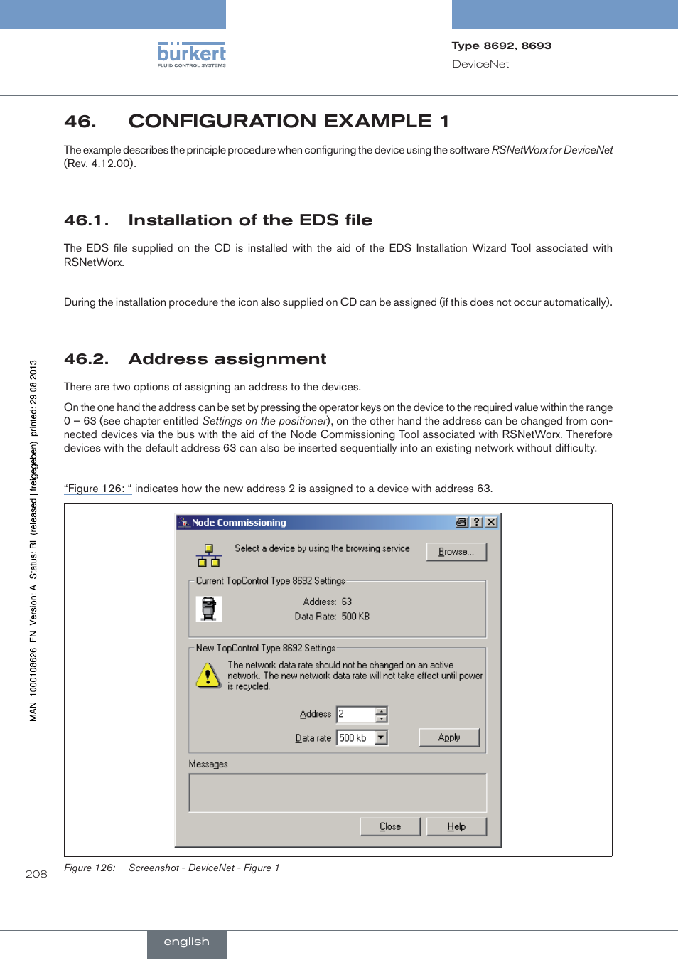 Configuration.example.1, . installation.of.the.eds.file, . address.assignment | Configuration example 1, Installation of the eds file, Address assignment | Burkert Type 8693 User Manual | Page 208 / 260