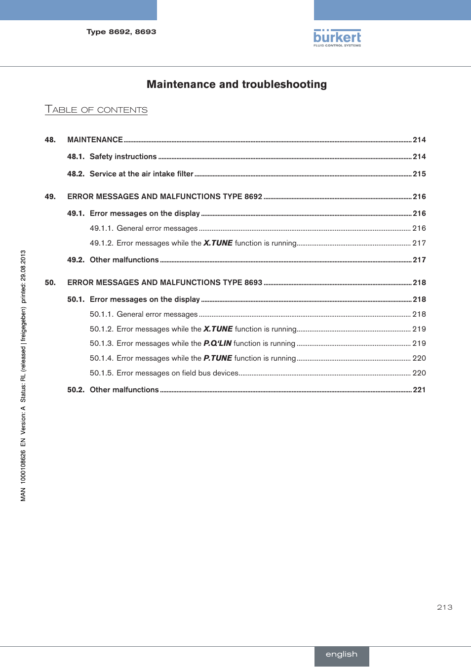 Maintenance and troubleshooting, Maintenance and troubleshooting t | Burkert Type 8693 User Manual | Page 213 / 260