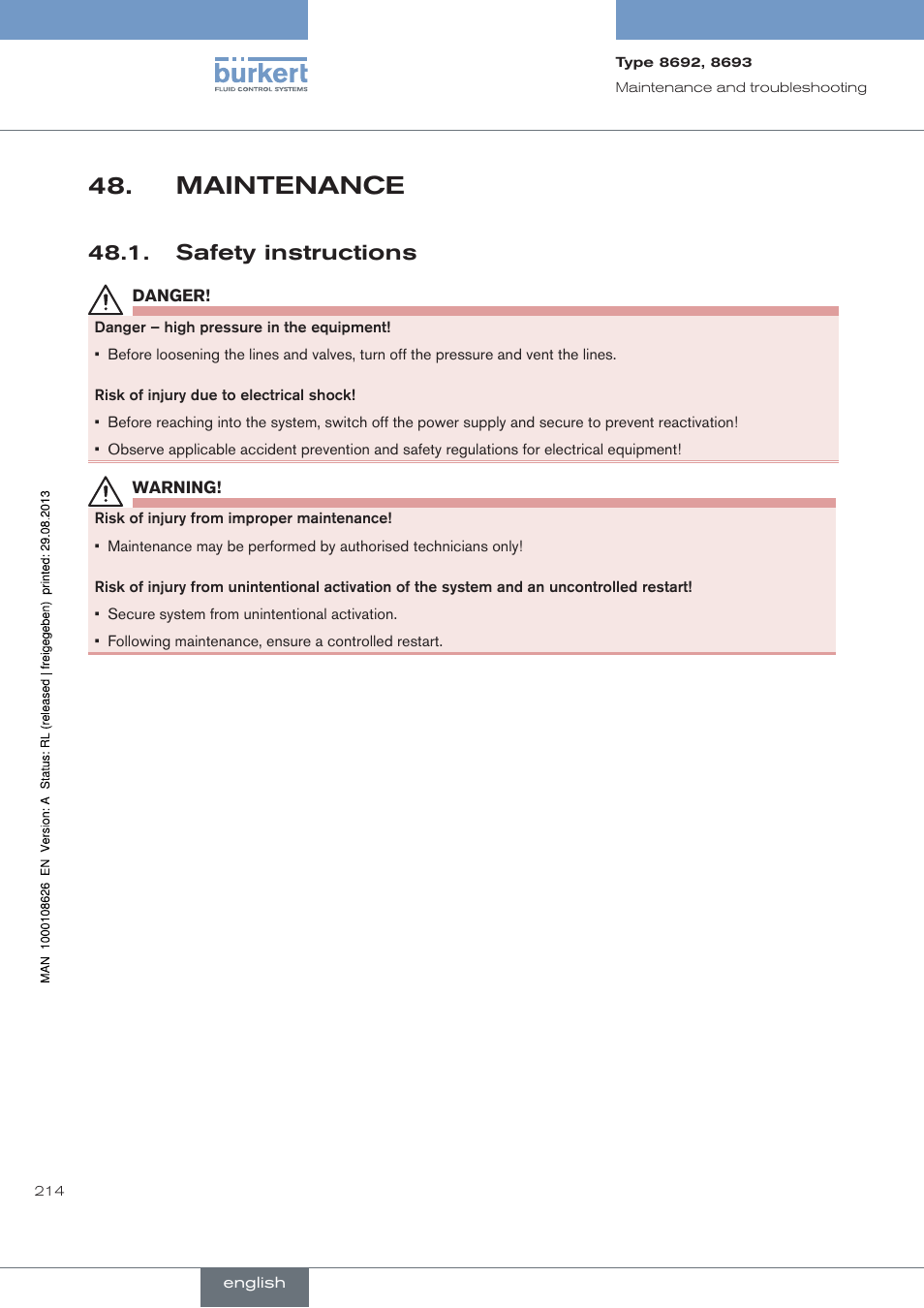 Maintenance, . safety.instructions, Safety instructions | Burkert Type 8693 User Manual | Page 214 / 260