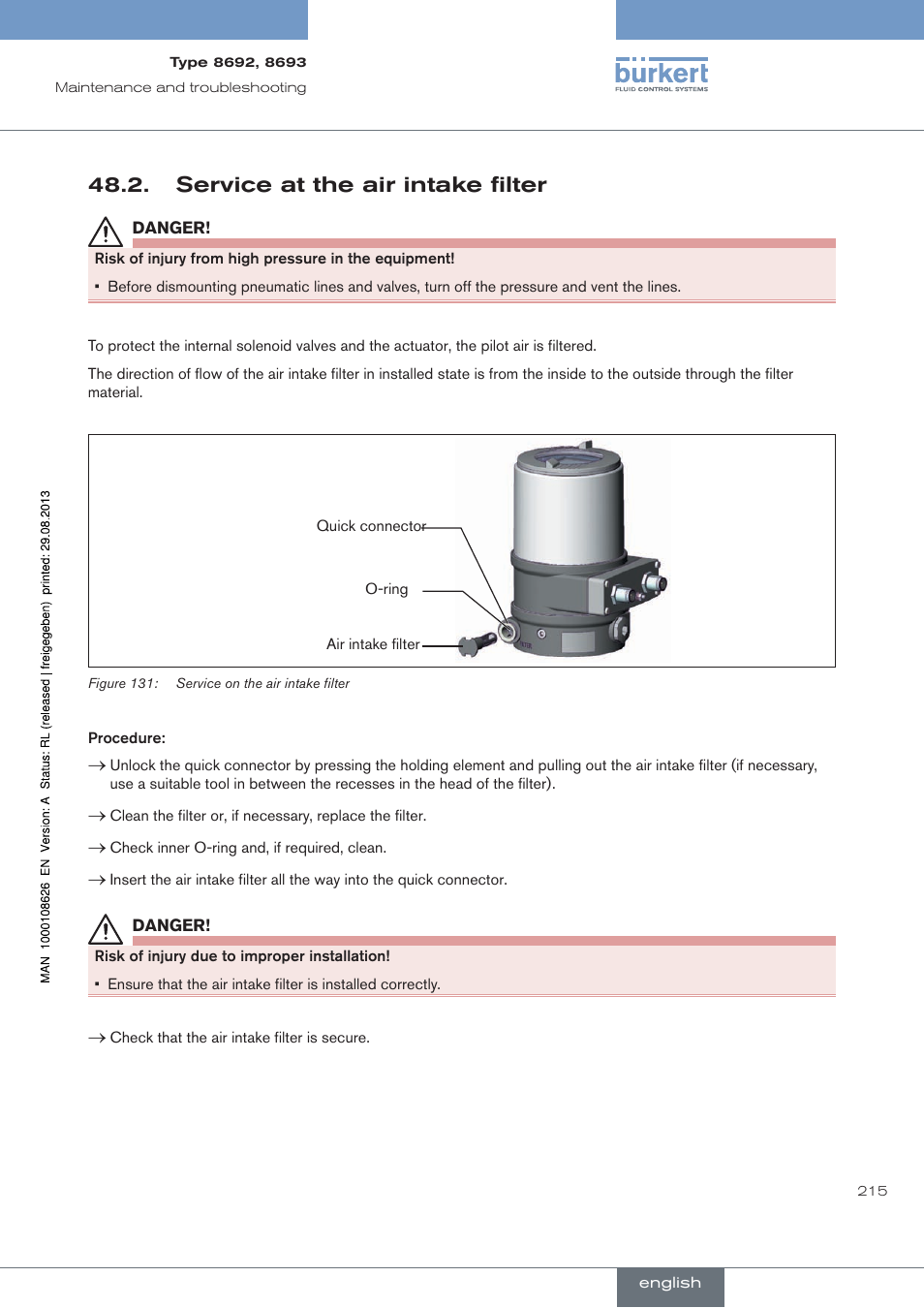 . service.at.the.air.intake.filter, Service at the air intake filter | Burkert Type 8693 User Manual | Page 215 / 260