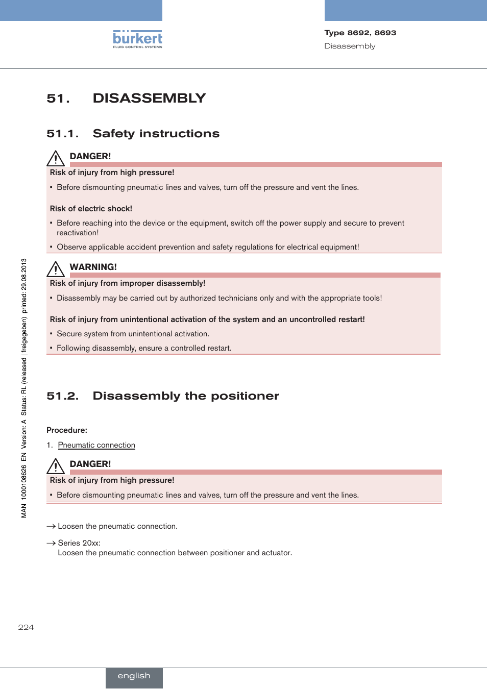 Disassembly, . safety.instructions, . disassembly.the.positioner | Safety instructions, Disassembly the positioner | Burkert Type 8693 User Manual | Page 224 / 260