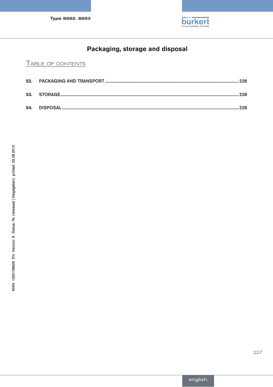 Packaging, storage and disposal, Packaging, storage and disposal t | Burkert Type 8693 User Manual | Page 227 / 260