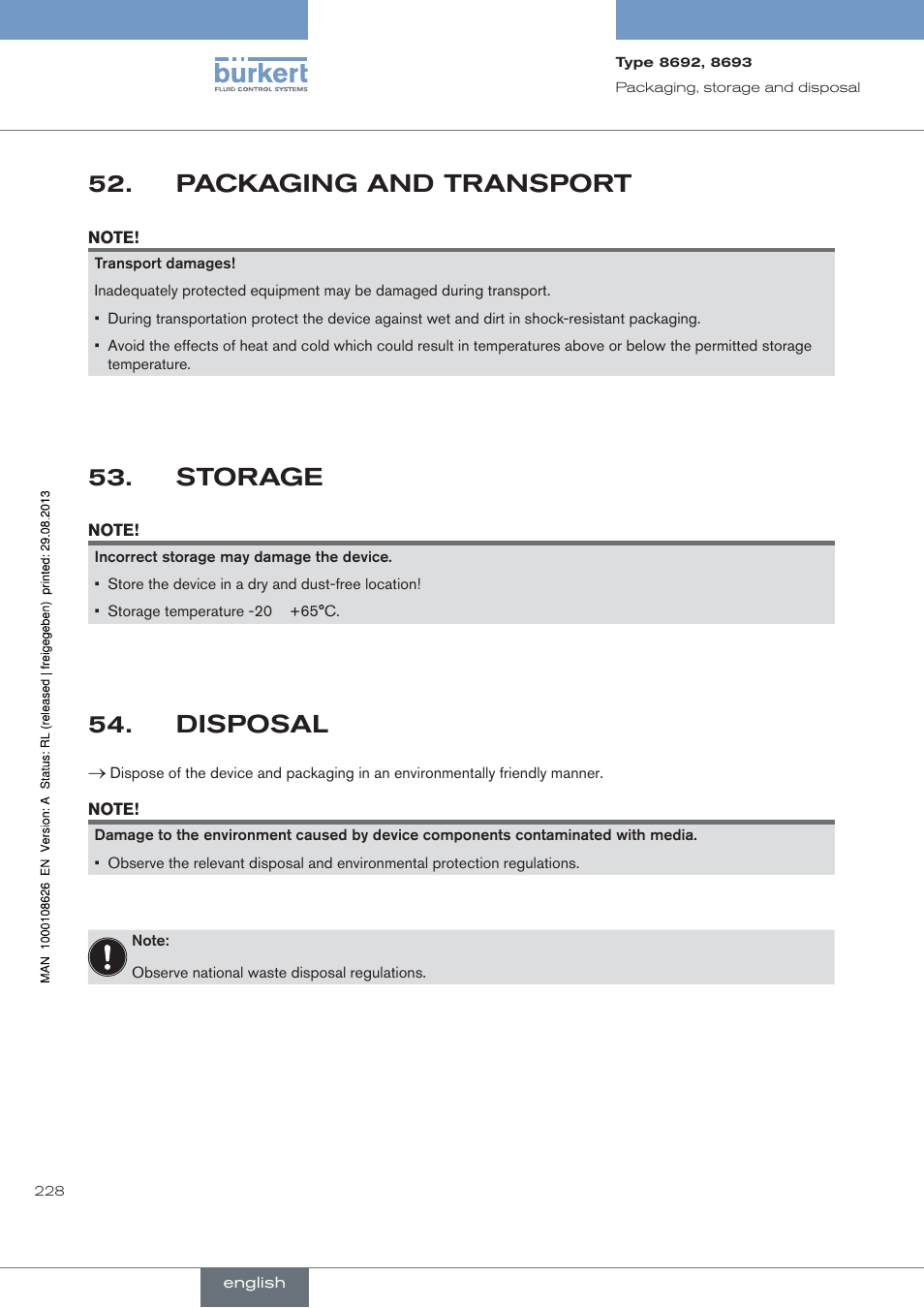 Packaging.and.transport, Storage, Disposal | Packaging and transport | Burkert Type 8693 User Manual | Page 228 / 260