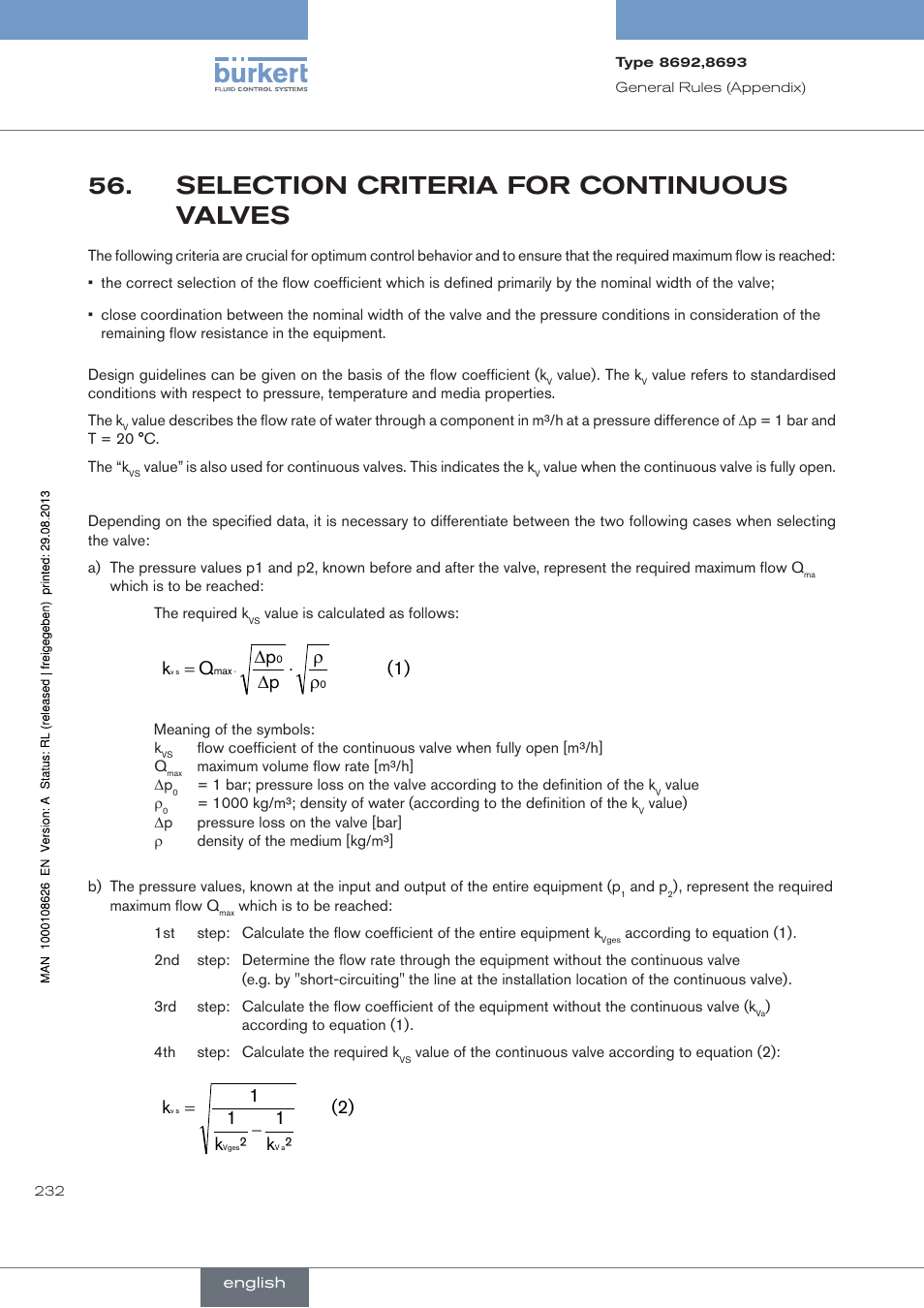 Selection.criteria.for.continuous.valves, Selection criteria for continuous valves, 1) p p q k | 2) ² k 1 ² k 1 1 k | Burkert Type 8693 User Manual | Page 232 / 260