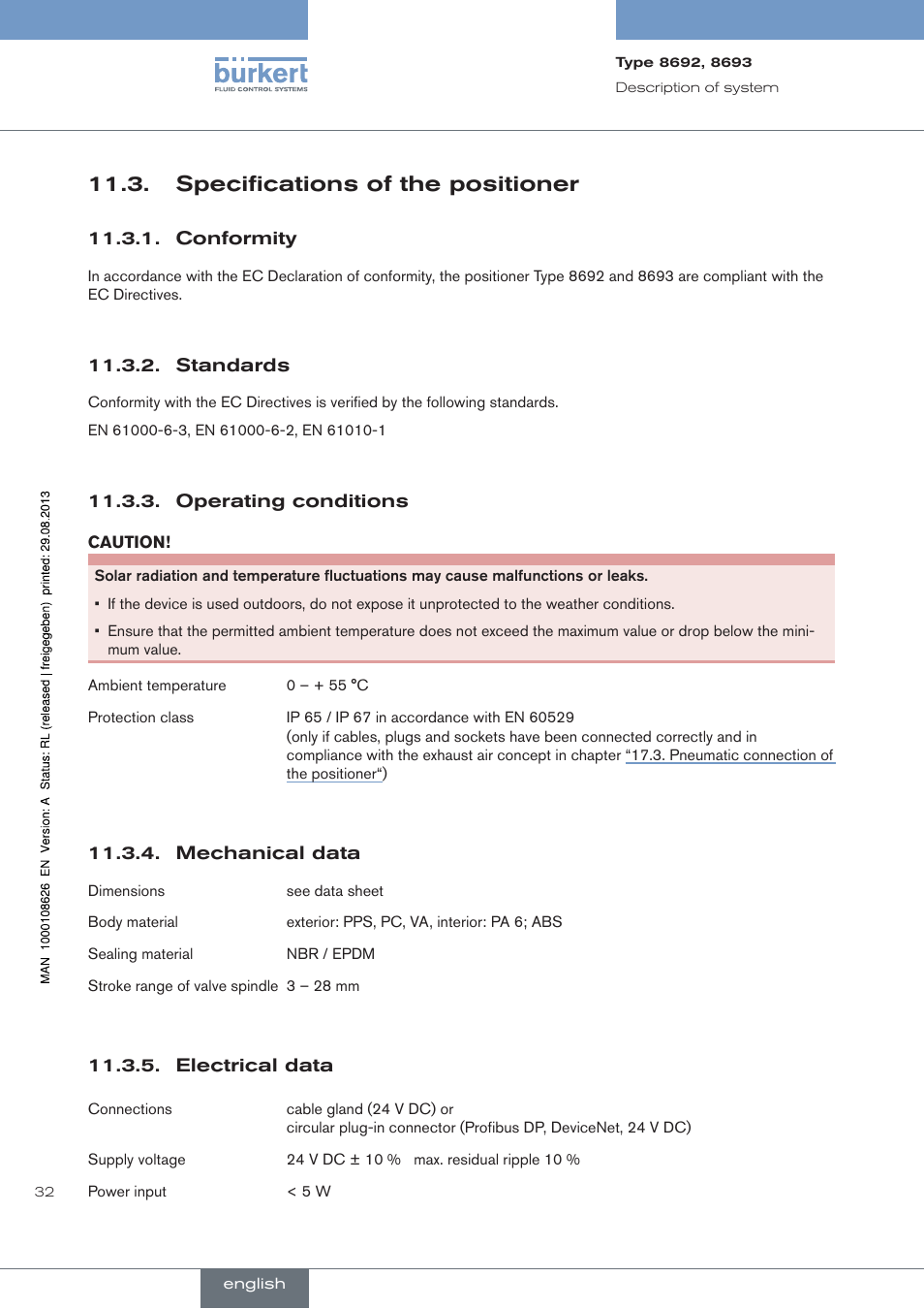 . specifications.of.the.positioner, Conformity, Standards | Operating conditions, Mechanical data, Electrical data, Specifications of the positioner | Burkert Type 8693 User Manual | Page 32 / 260