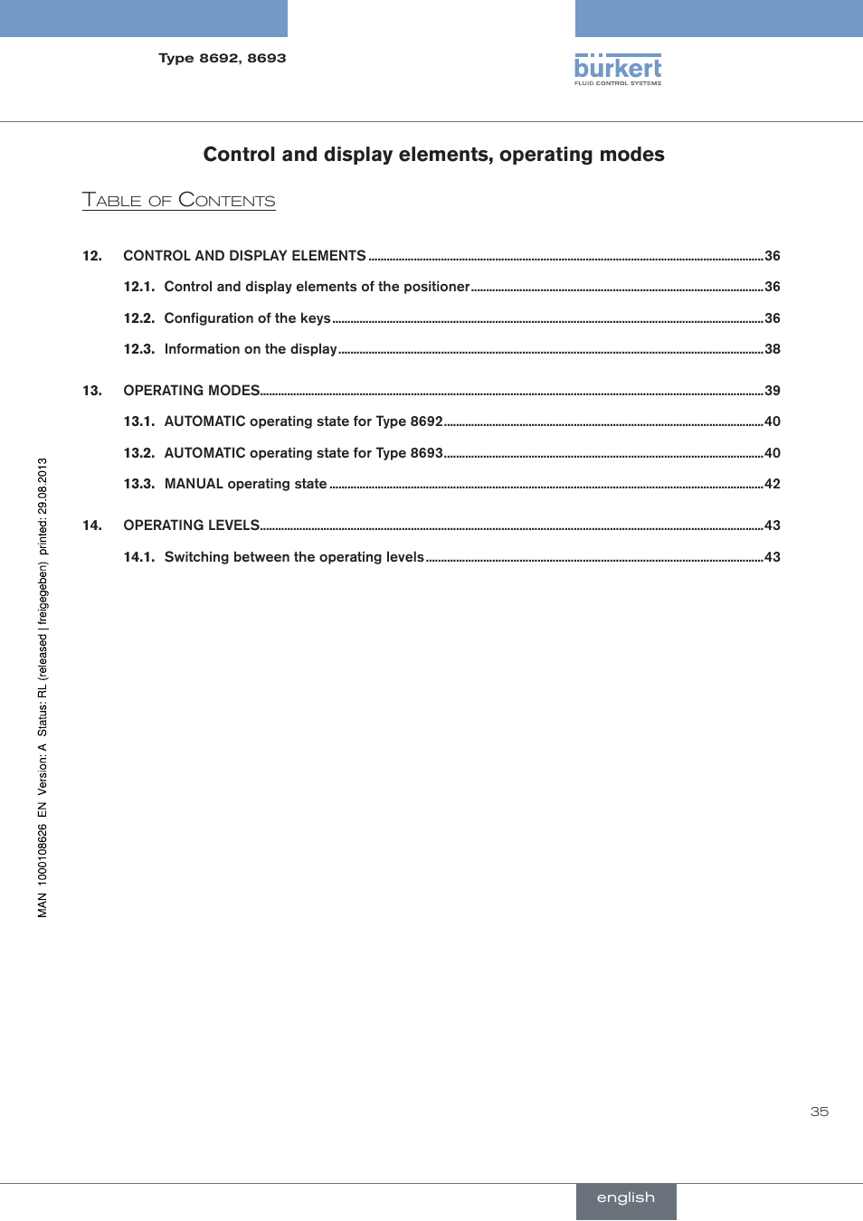 Control and display elements, operating modes, Control and display elements, operating modes t | Burkert Type 8693 User Manual | Page 35 / 260