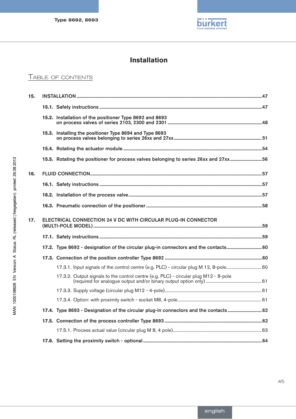 Installation, Installation t | Burkert Type 8693 User Manual | Page 45 / 260