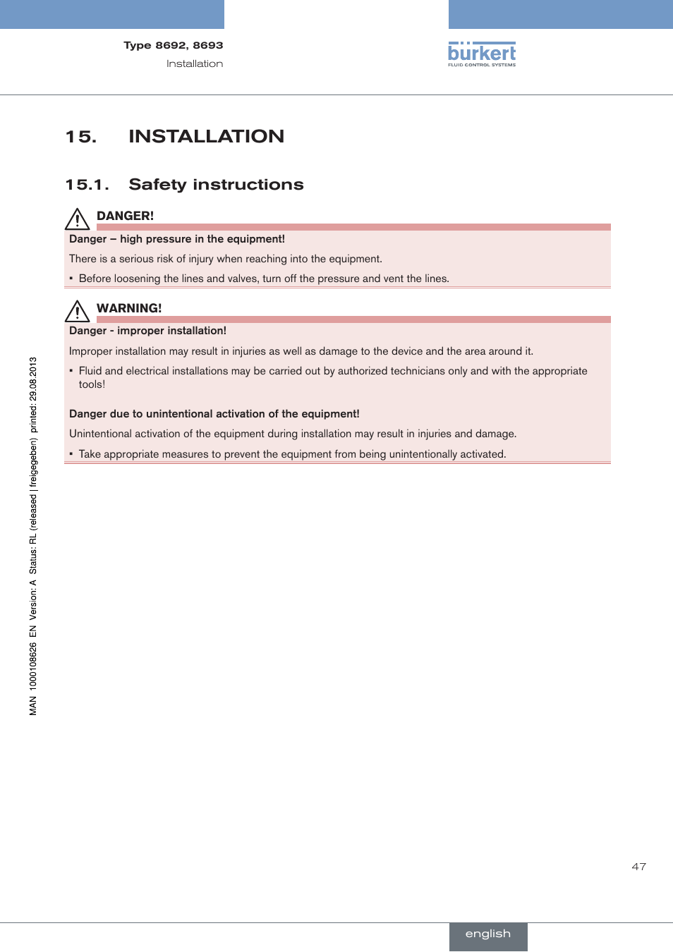 Installation, . safety.instructions, Safety instructions | Burkert Type 8693 User Manual | Page 47 / 260