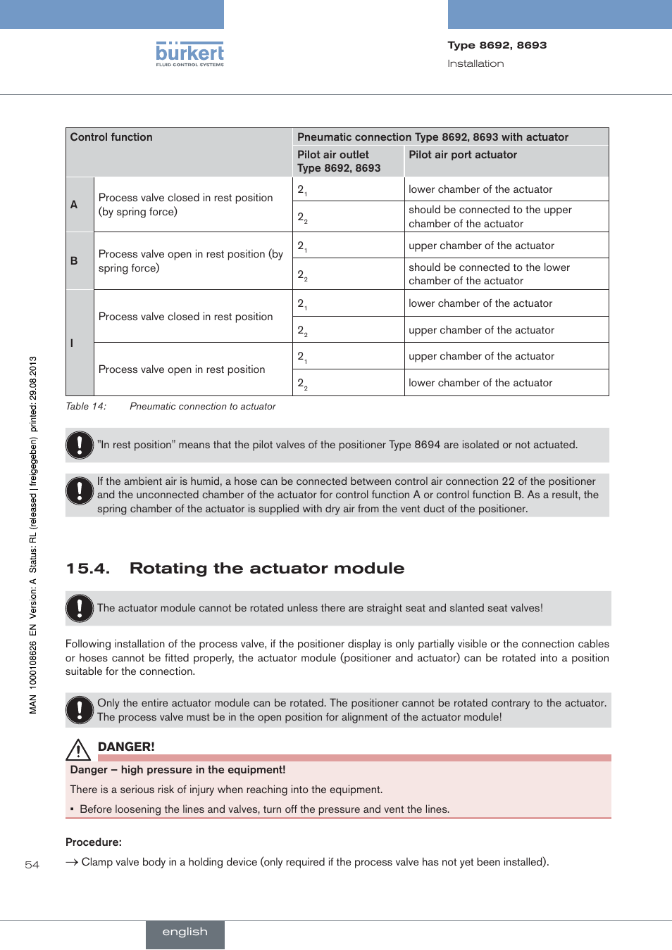 . rotating.the.actuator.module, Rotating the actuator module | Burkert Type 8693 User Manual | Page 54 / 260