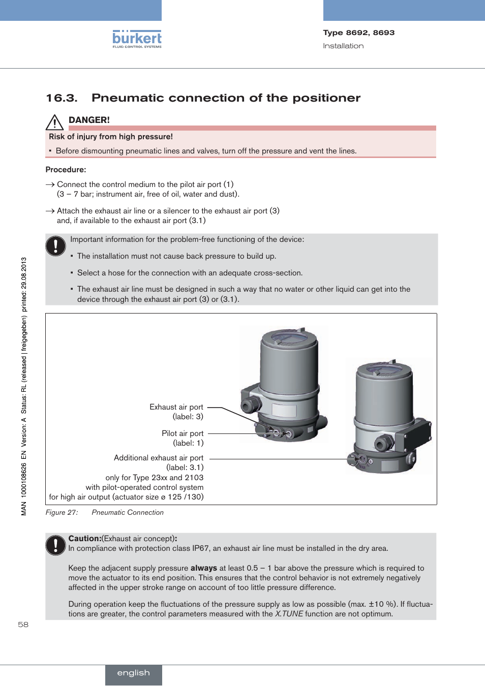 . pneumatic.connection.of.the.positioner, Pneumatic connection of the positioner | Burkert Type 8693 User Manual | Page 58 / 260