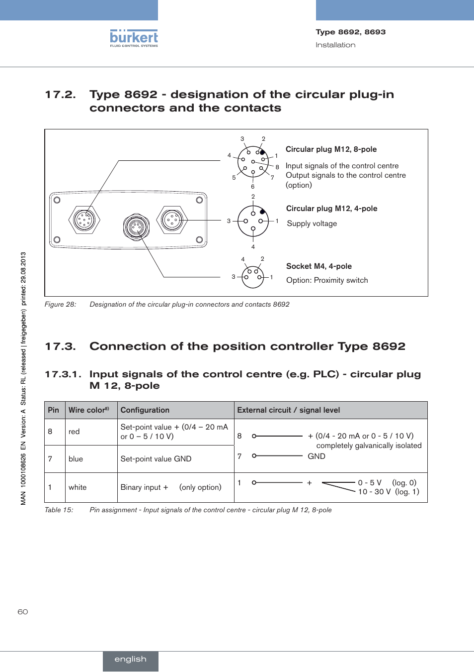 . connection.of.the.position.controller.type.8692, Connection of the position controller type 8692 | Burkert Type 8693 User Manual | Page 60 / 260