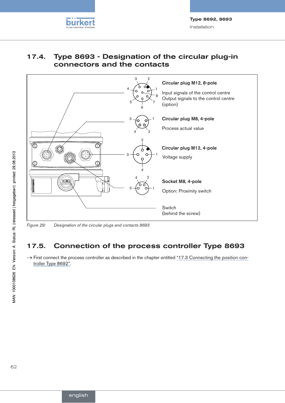 . connection.of.the.process.controller.type.8693, Connection of the process controller type 8693 | Burkert Type 8693 User Manual | Page 62 / 260