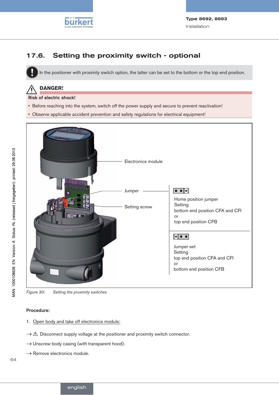 . setting.the.proximity.switch.-.optional, Setting the proximity switch - optional | Burkert Type 8693 User Manual | Page 64 / 260