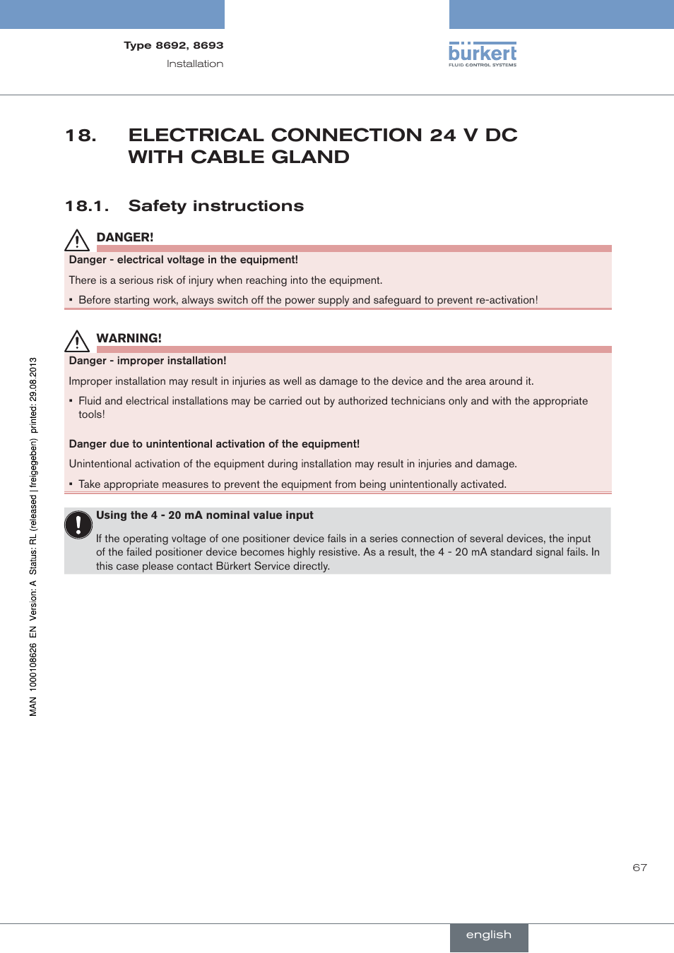 Electrical.connection.24.v.dc.with.cable.gland, . safety.instructions, Electrical connection 24 v dc with cable gland | Safety instructions | Burkert Type 8693 User Manual | Page 67 / 260