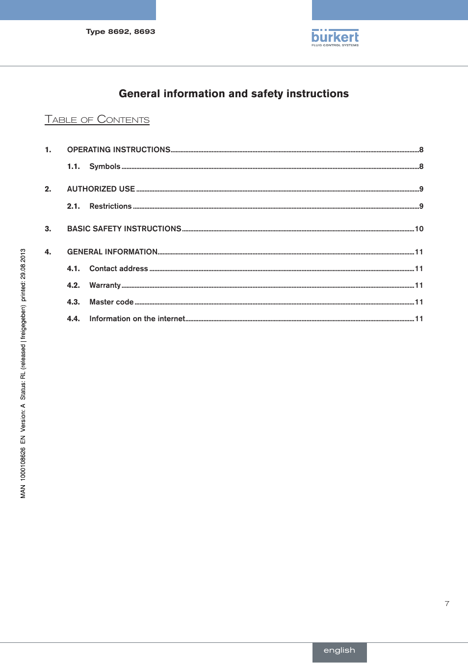 General information and safety instructions, General information and safety instructions t | Burkert Type 8693 User Manual | Page 7 / 260