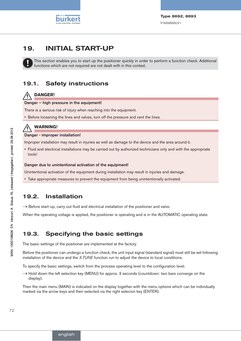 Initial.start-up, . safety.instructions, . installation | . specifying.the.basic.settings, Initial start-up, Safety instructions, Installation, Specifying the basic settings | Burkert Type 8693 User Manual | Page 72 / 260