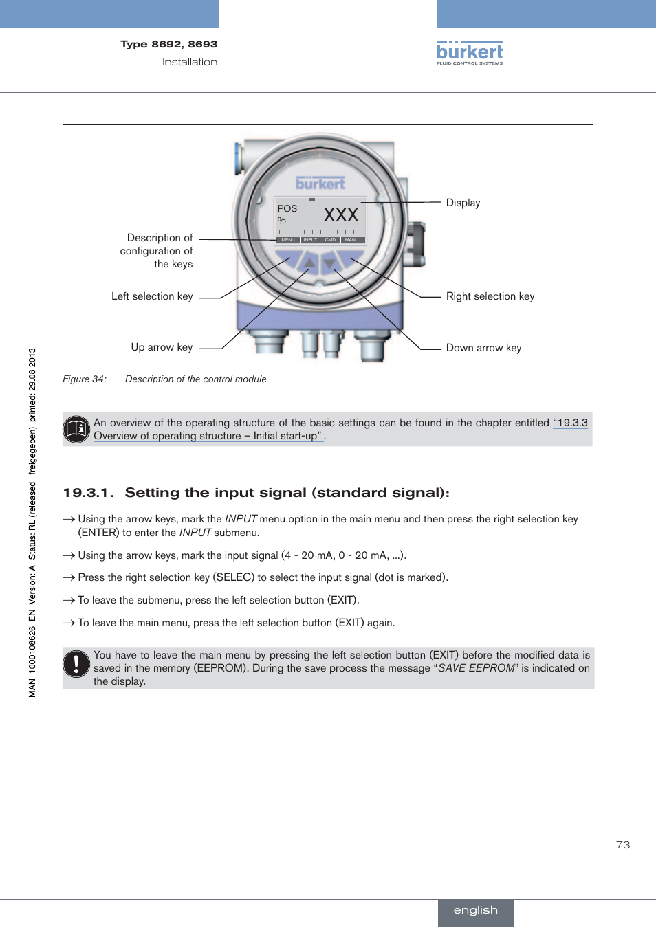 Setting the input signal (standard signal) | Burkert Type 8693 User Manual | Page 73 / 260