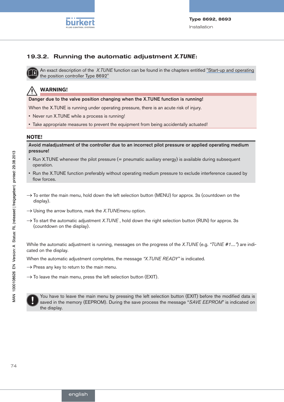 Running the automatic adjustment x.tune | Burkert Type 8693 User Manual | Page 74 / 260