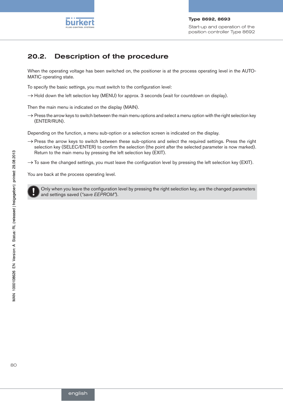 . description.of.the.procedure, Description of the procedure | Burkert Type 8693 User Manual | Page 80 / 260