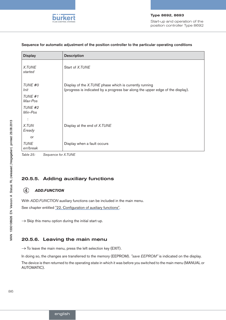 Adding auxiliary functions, Leaving the main menu | Burkert Type 8693 User Manual | Page 86 / 260