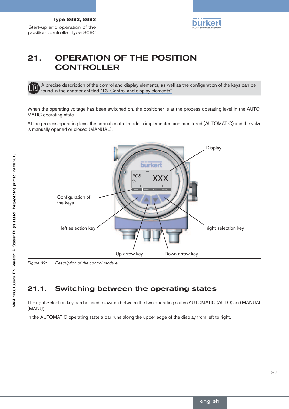 Operation.of.the.position.controller, . switching.between.the.operating.states, Operation of the position controller | Switching between the operating states | Burkert Type 8693 User Manual | Page 87 / 260