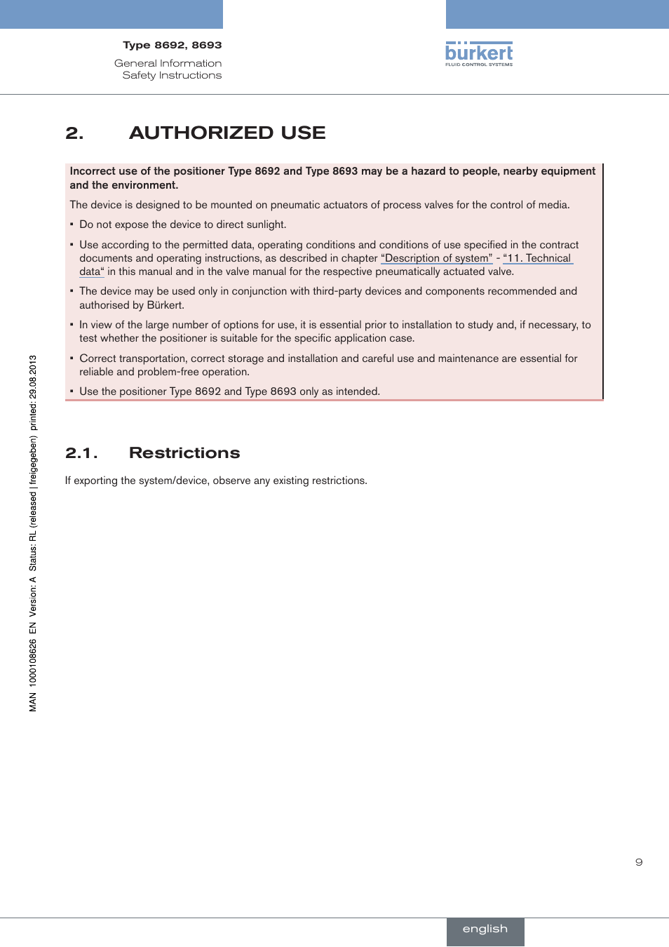 Authorized.use, . restrictions, Authorized use | Restrictions | Burkert Type 8693 User Manual | Page 9 / 260