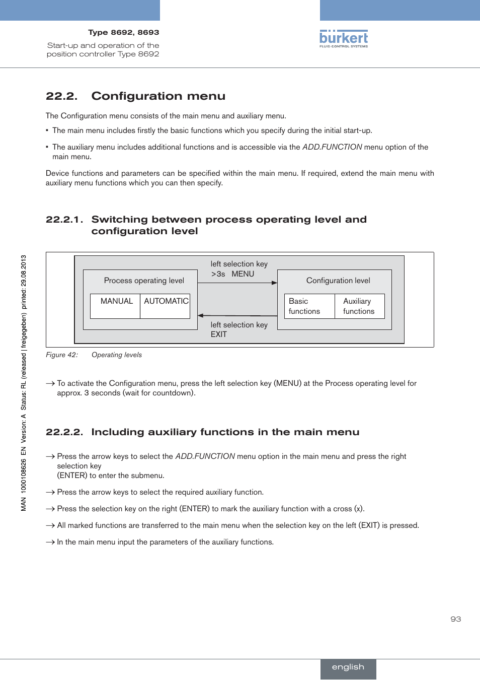 . configuration.menu, Including auxiliary functions in the main menu, Configuration menu | Burkert Type 8693 User Manual | Page 93 / 260