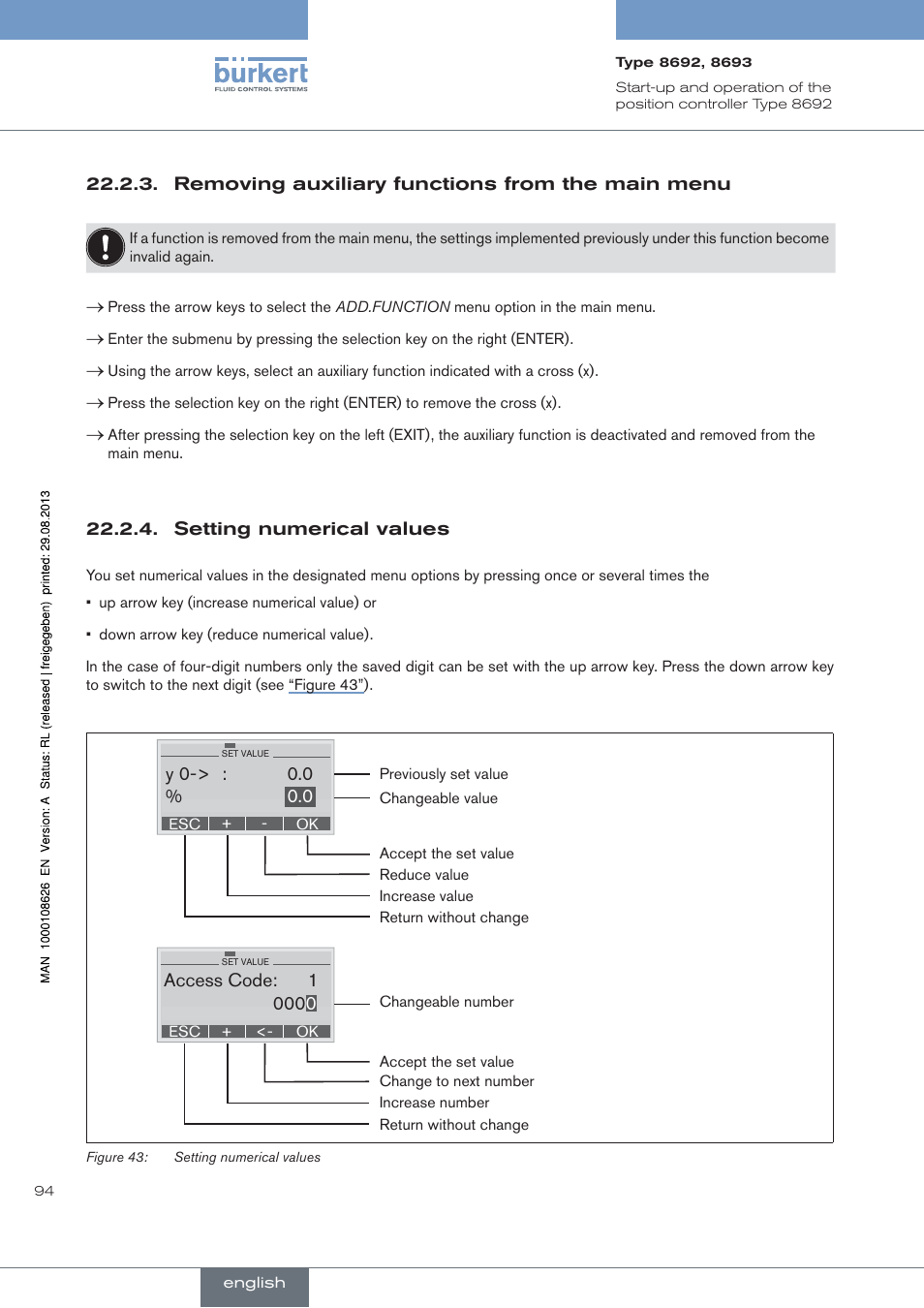 Removing auxiliary functions from the main menu, Setting numerical values | Burkert Type 8693 User Manual | Page 94 / 260