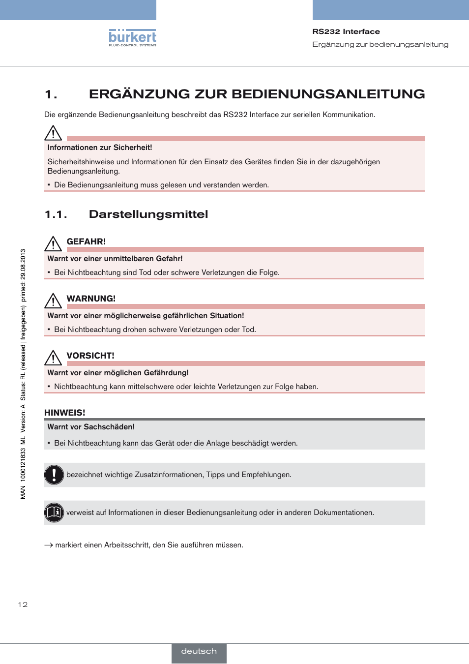 Ergänzung zur bedienungsanleitung, Darstellungsmittel, Ergänzung zur bedienungsanleitung 1 | Darstellungsmittel 1.1 | Burkert Type 8791 User Manual | Page 12 / 28