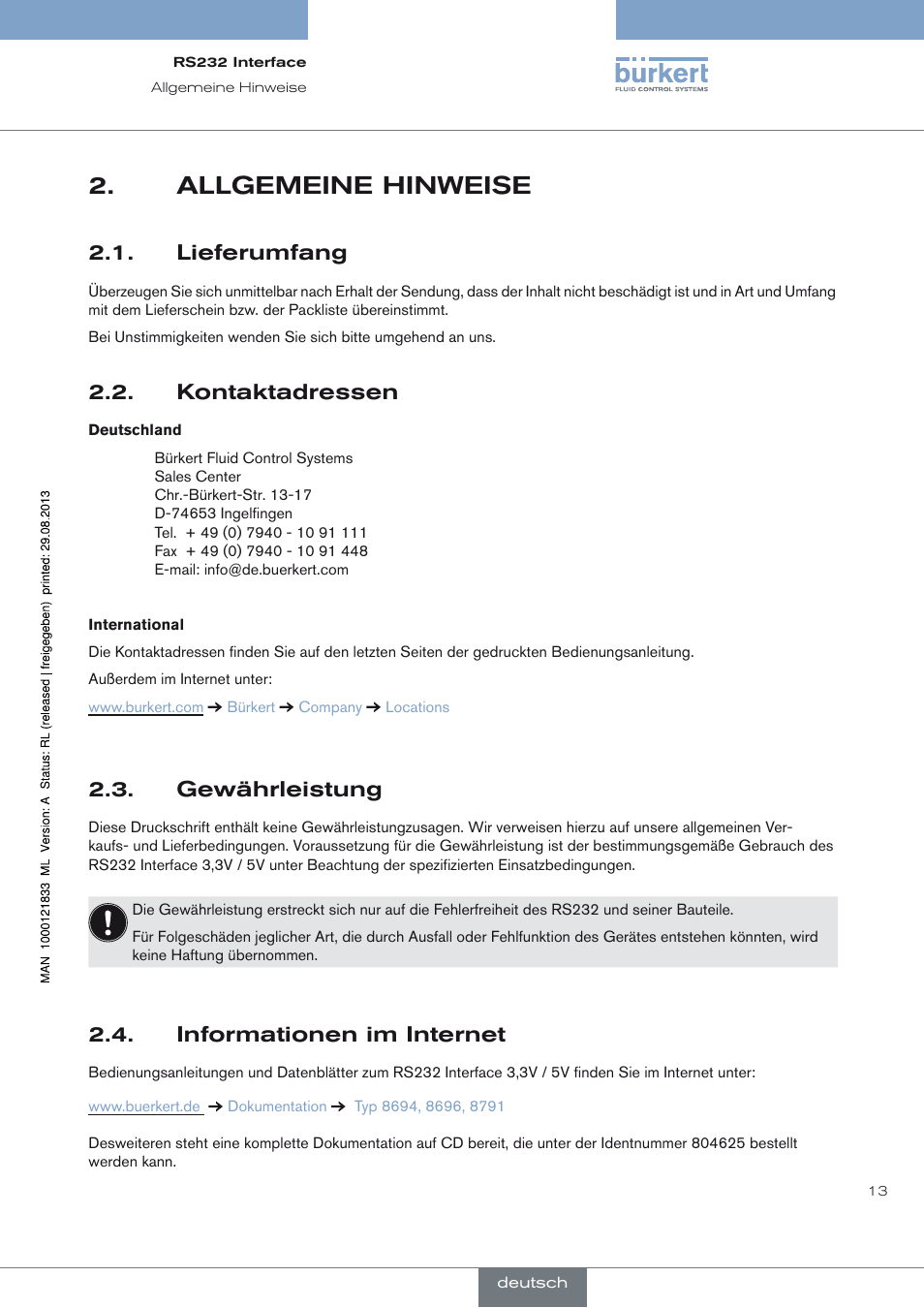 Allgemeine hinweise, Lieferumfang, Kontaktadressen | Gewährleistung, Informationen im internet, Allgemeine hinweise 2, Lieferumfang 2.1, Kontaktadressen 2.2, Gewährleistung 2.3, Informationen im internet 2.4 | Burkert Type 8791 User Manual | Page 13 / 28