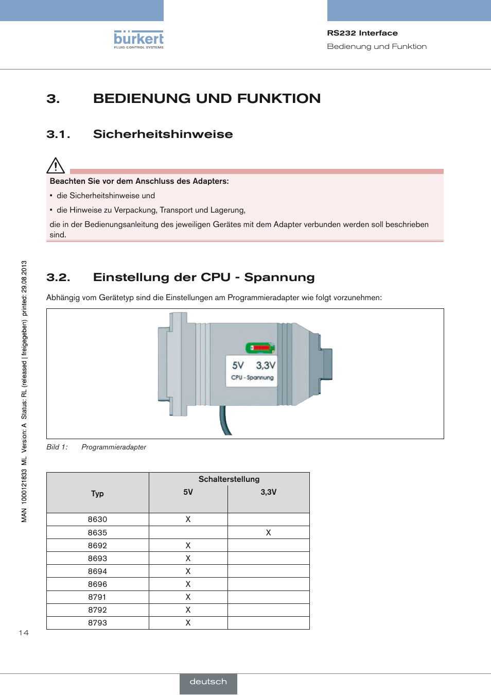 Bedienung und funktion, Sicherheitshinweise, Einstellung der cpu - spannung | Bedienung und funktion 3, Sicherheitshinweise 3.1, Einstellung der cpu - spannung 3.2 | Burkert Type 8791 User Manual | Page 14 / 28