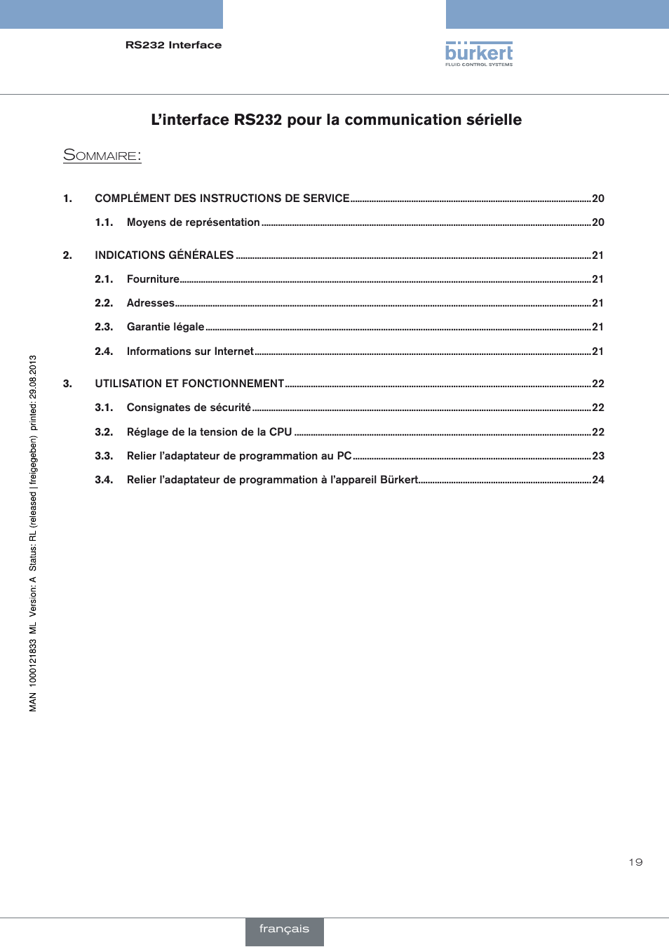 L’interface rs232 pour la communication sérielle | Burkert Type 8791 User Manual | Page 19 / 28