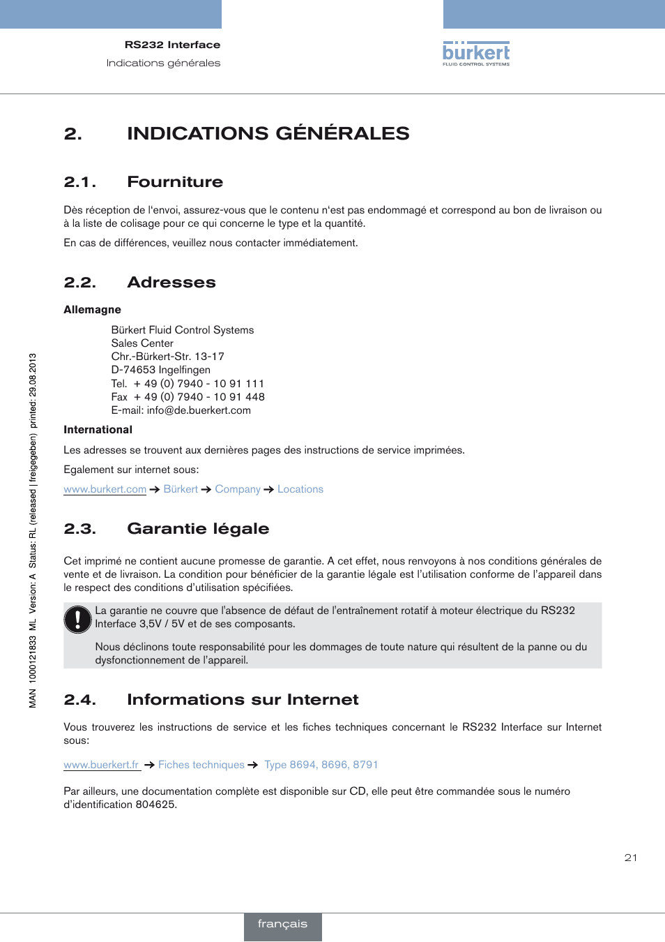 Indications générales, Fourniture, Adresses | Garantie légale, Informations sur internet, Indications générales 2, Fourniture 2.1, Adresses 2.2, Garantie légale 2.3, Informations sur internet 2.4 | Burkert Type 8791 User Manual | Page 21 / 28