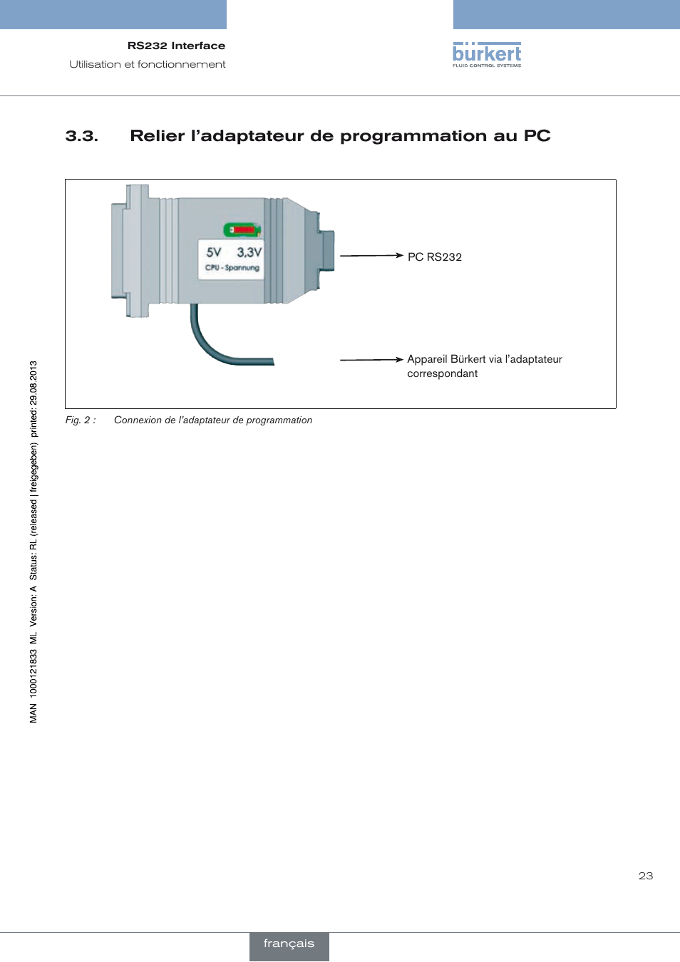 Relier l’adaptateur de programmation au pc, Relier l’adaptateur de programmation au pc 3.3 | Burkert Type 8791 User Manual | Page 23 / 28