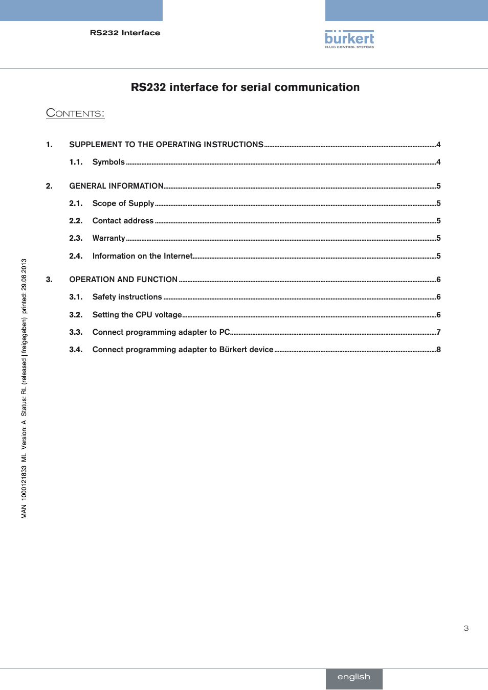 Rs232 interface for serial communication | Burkert Type 8791 User Manual | Page 3 / 28