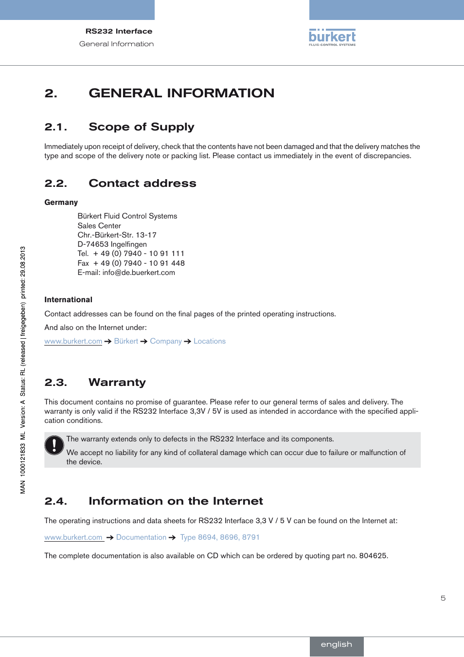 General information, Scope of supply, Contact address | Warranty, Information on the internet, General information 2, Scope of supply 2.1, Contact address 2.2, Warranty 2.3, Information on the internet 2.4 | Burkert Type 8791 User Manual | Page 5 / 28