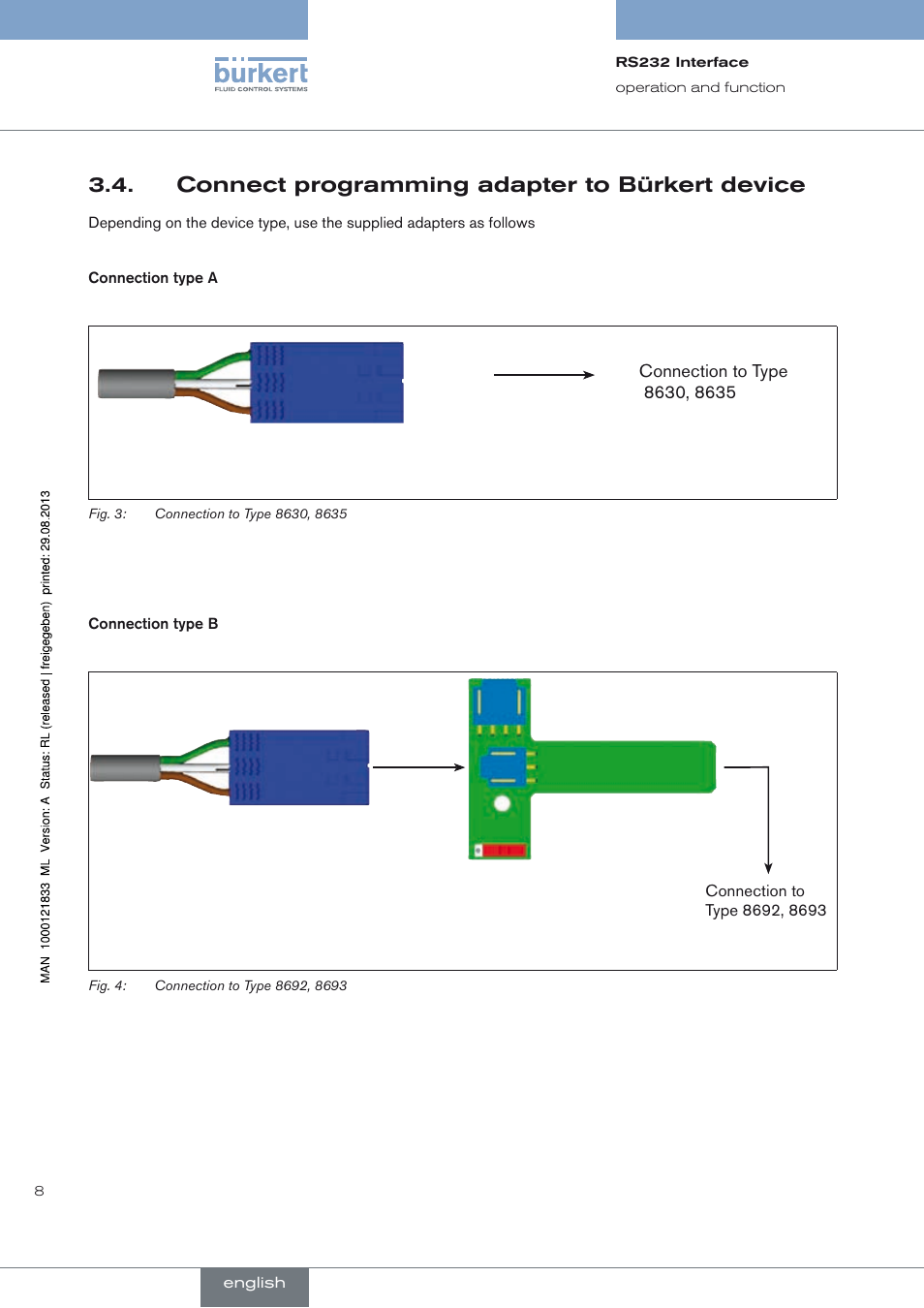 Connect programming adapter to bürkert device, Connect programming adapter to bürkert device 3.4 | Burkert Type 8791 User Manual | Page 8 / 28