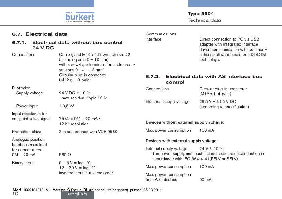 Electrical data | Burkert Type 8694 User Manual | Page 10 / 76