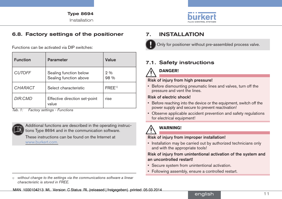 Factory settings of the positioner, Installation, Safety instructions | Burkert Type 8694 User Manual | Page 11 / 76