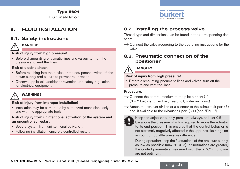 Fluid installation | Burkert Type 8694 User Manual | Page 15 / 76