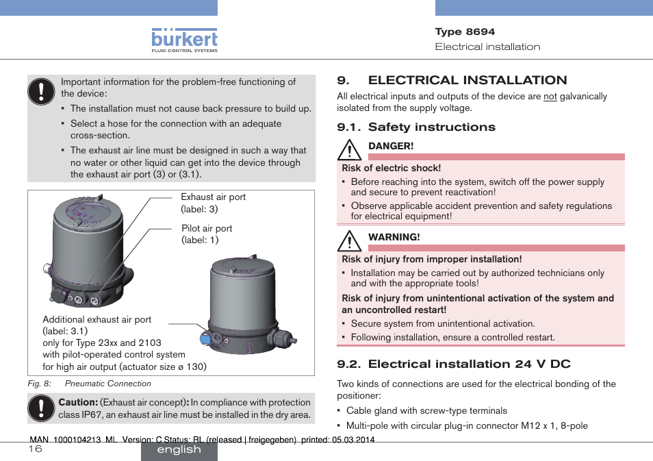 Electrical installation | Burkert Type 8694 User Manual | Page 16 / 76