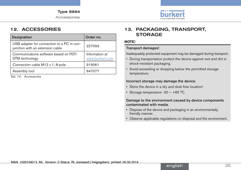 Accessories, Packaging, transport, storage | Burkert Type 8694 User Manual | Page 25 / 76