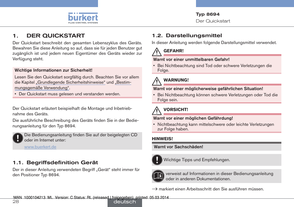 Der quickstart, Begriffsdefinition gerät 1.2. darstellungsmittel | Burkert Type 8694 User Manual | Page 28 / 76