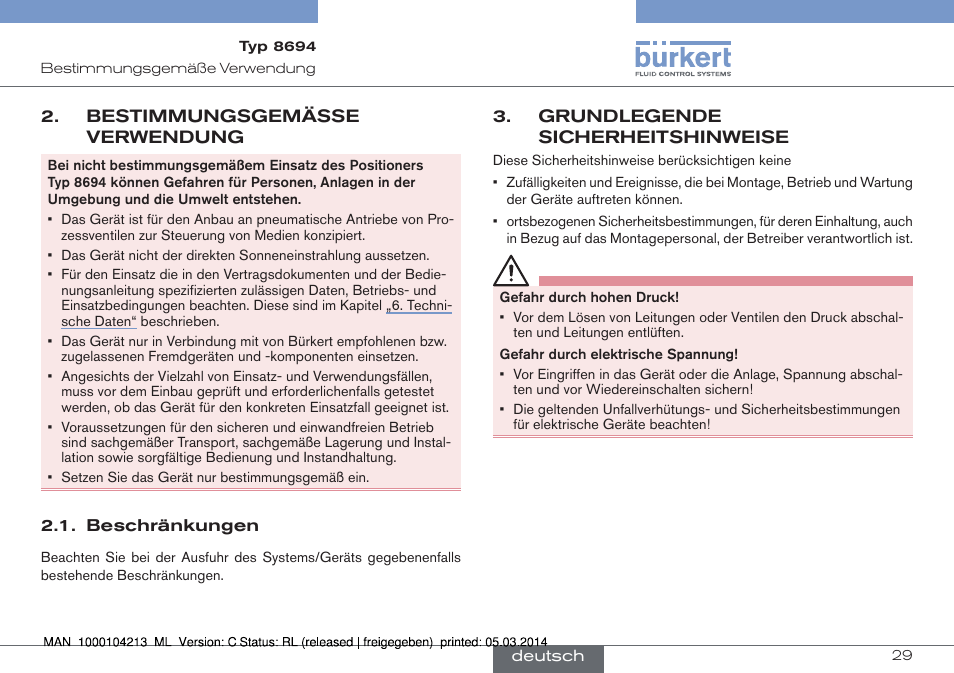 Bestimmungsgemässe verwendung, Beschränkungen, Grundlegende sicherheitshinweise | Burkert Type 8694 User Manual | Page 29 / 76